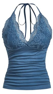 GORGLITTER Axelbandstopp för damer, Y2k, kamisol, crop top, neckholder, topp med kontrastspets, Gråblå, L