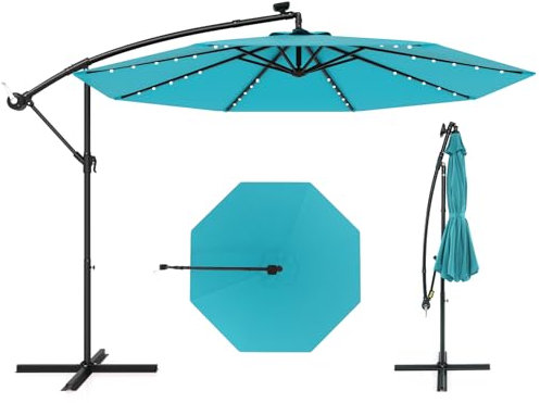 RELAX4LIFE Parasol Solaire Φ300 cm LED Manivelle Inclinable 35° Pied Croix Jardin Extérieur (Turquoise)