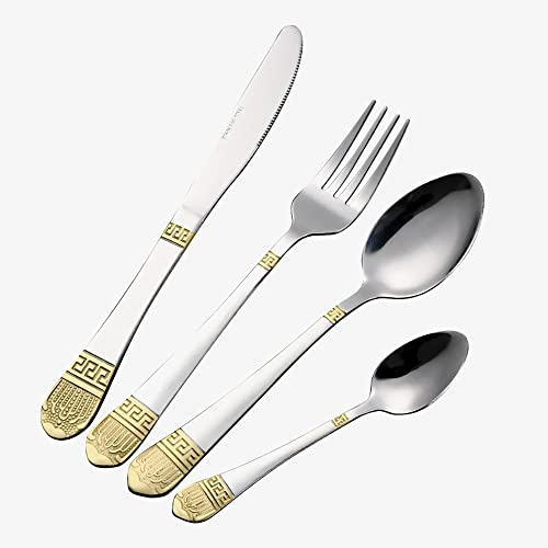 24-Piece Set of Embossing Cutlery Kitchen Silverware Tableware Main Stainless Steel Knife and Fork Spoon Commercial Steak Coffee Western (Golden)