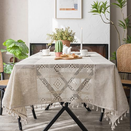 JANGYUHH Tischdecke Abwaschbar Boho Beige Retro Mit Quasten Outdoor Hanf Tischdecken 100x140 cm Tisch Deko Tischwäsche Dauerhaft Kratzfest für Wohnzimmer, Esszimmer, Garten