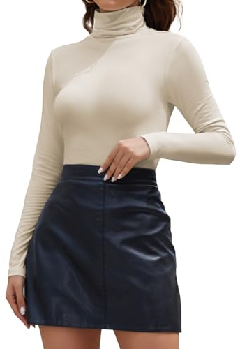 Joyshaper Women Turtleneck Tops Ladies Long Sleeve Roll Neck T-Shirts Jumpers High Neck Blouses Casual Plain Tee Beige,M