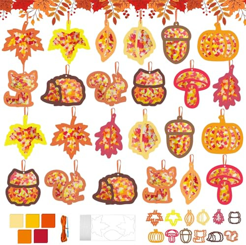 24 Stück Fensterbilder Herbst Bastelset, Herbst Basteln Kinder Set, DIY Bastelset Blätter,Fensterbilder Herbst Kinder Selber Machen,mit 24 Fensterbilder,10 PET-Aufkleber,5 Farben Konfetti und 1 Schnur