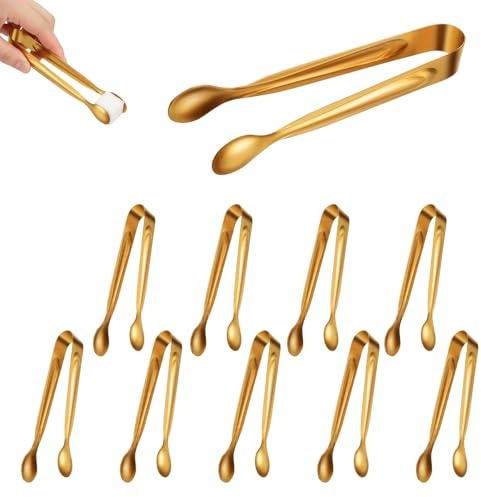 10pcs Mini Kitchen Tongs Set - 4.3in Stainless Steel Small Appetizer Tongs in Gold - Versatile Mini Tongs for Serving Food, Ice Cubes, Sugar & Desserts (Gold)