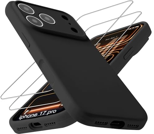 OFFCUP Silikonfodral för iPhone 17 Pro (svart) | Silikonfodral fullt skydd, stötsäker fodral med 2 delar härdat glas med kameraskydd, mjuk beröring