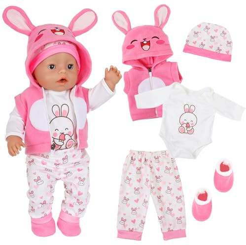 5 st babydockkläder för 14-18 tums docka, söta tecknade dockkläder med jacka + topp + byxor + strumpor + kaninöra, söt kanindocka outfit för 35-43 cm dockor, låtsaslekgåvor för flickor pojkar
