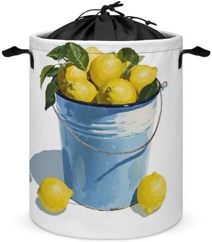 Cesto portabiancheria vintage con secchiello di limoni, cesto portabiancheria rotondo pieghevole con coulisse, per camera da letto e bagno