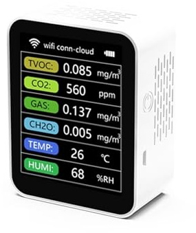 Detector de Gas, Sensor Detector de CO2 Inteligente Monitor Calidad del Aire TVOC Gas CH2O Detector medidor Humedad y Temperatura para el Trabajo y el hogar