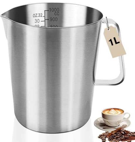 BIZOI Gobelet Doseur en Acier Inoxydable, Pot à Lait en Acier Inoxydable de 1000 ml, Verre Doseur en Métal avec Marquage avec Poignée pour Café, Restaurant, Cuisine, Laboratoire