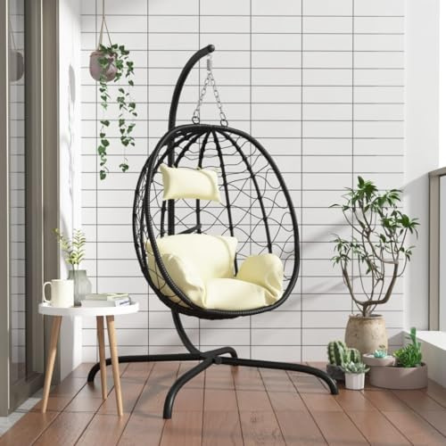 Genérico Sillón Colgante con Forma de Huevo y cojín de ratán sintético y Acero Color Blanco Crema,Jardín,Artículos de Exterior,Balancines de jardín-360046