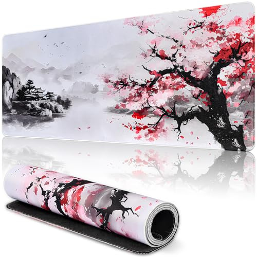 Musmatta med körsbärsblommor XXL 900 x 400 mm japansk vit musmatta spelmusmatta vattentät skrivbordsunderlägg för gaming, kontor, hemmakontor