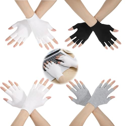 4 par fingerlösa handskar, mjuka bomullshandskar vita UV-handskar naglar, tyghandskar för eksem, sömn, över natten, lotion och spa-behandling (svart, vit och grå)