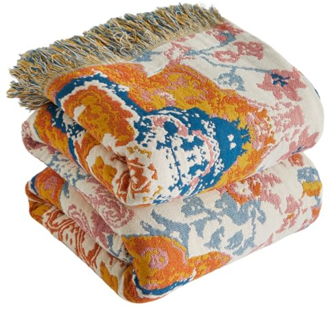 Bailix Premium Boho överkast 100 % bomull gosig filt med fransar dubbelsidig muslin boho-filt 200 x 230 cm, mysig soffpläd och överkast, filt för vardagsrum orange/glasblå
