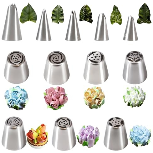 12 Pcs Russian Piping Nozzles, Stainless Steel Russian Piping Tips Set with 7 Flower and 5 Leaf Piping Nozzles, Russian Frosting Nozzles for Cake Decorating Icing Cream Flower Bouquet DIY Cookies