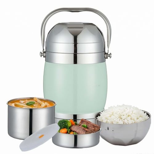 HoJang 3-Lagige Brotdose 1,7L, Vakuum-Edelstahl, Grün | Stapelbar, Auslaufsicher, Spülmaschinengeeignet, Heiß & Kalt, Für Arbeit Picknick Camping