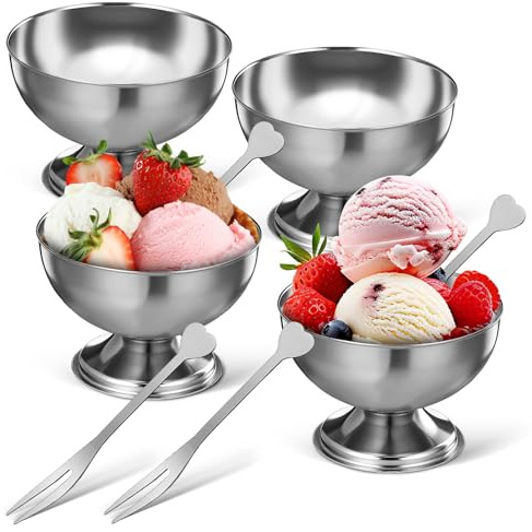 HEMOTON Lot de 4 Coupes à Glace sur Pied en Acier Inoxydable pour Desserts, Yaourts, Salades, En-cas, Fêtes à La Maison Et Restaurants