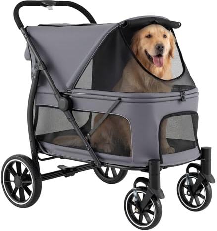 COSTWAY Hundewagen klappbar, Hundebuggy bis 40 kg, Katzenwagen mit 4 Rädern, Haustierwagen mit verstellbarem Dach, Netzfenstern & 3 Taschen, Haustierbuggy Grau, für große Katzen Hunde