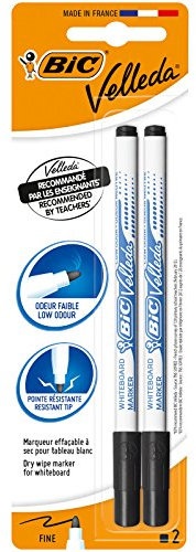 BIC Velleda Whiteboard-Stifte, trocken abwischbare Marker in schwarz, geruchsarm und mit widerstandsfähiger, dünner Spitze, 2 Stück