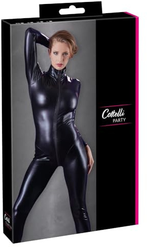 COTTELLI langarm Overall - figurbetonter Overall im Wetlook für Damen, verführerischer Einteiler mit Reißverschluss, sexy Bodysuit, Schwarz