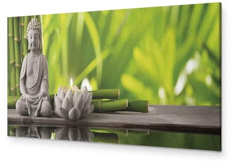 murando - Wandbilder XXL Buddha 135x45 cm 1 tlg - Wand Deko Vlies Leinwand Bilder Groß Wanddeko Wohnzimmer Schlafzimmer Kunstdrucke Panoramabild - Natur Babmus Feng Shui Kerze Spa grün