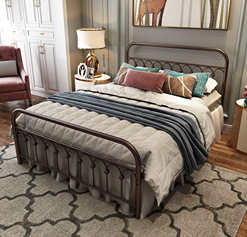 TUSEER Metal Bed Frame Queen Size with Vintage Headboard and Footboard Platform Base Wrought Iron Double Bed Frame (Queen, Antique Brown)