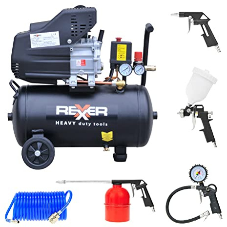 Rexxer Ölkompressor 24L mit 5-tlg. Lackierset – 8 Bar Kompressor 2 PS / 1500W, 156 l/min – Für Lackieren, Werkstatt & Heimwerker