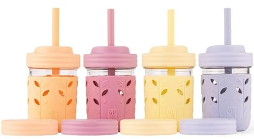 Elk and Friends Kids + Toddler Glass Cups | The Original 8oz Glass Mason Jar with Sleeves + Lids | Silicone Straws + Stopper | Smoothie Cup | Food Storage | Spill Resistant | Dishwasher Safe | 4 Pack