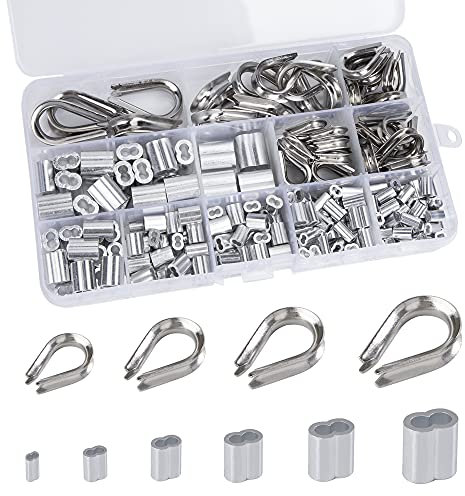 Kit per Funi Metalliche Manicotti in Alluminio M1.2 M1.5 M2 M2.5 M3 M4 Ditali a Fune In Acciaio Inossidabile M2 M3 M4 M5 con Scatola Portaoggetti 240 Pezzi