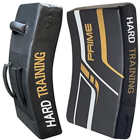 PSS böjd buffelläder sparkblock flerskiktssköld för träning kickboxning Taekwondo MMA kampsport, knä- och armbågsstrike skydd för män och kvinnor (säljs som ett stycke) 115 (1115 svart/gyllene)