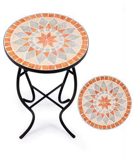 VONLUCE Mesa Auxiliar Redonda de Mosaico, 35,5 x 54,5 cm, Mesita para Flores con Tabla Cerámica, Mesa para Plantas