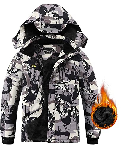 AFILOK Boy's Ski Jacket Waterproof Breathable Kids Fleece Lined Windproof Hooded Snowboard Coats(white camouflage 14-16)