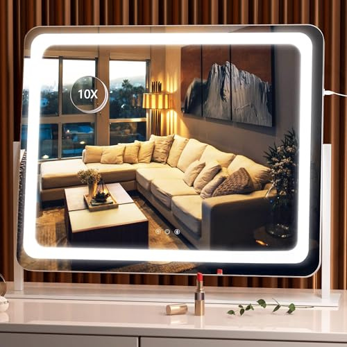 Hasipu Schminkspiegel mit Beleuchtung 55 x 45 cm, LED Kosmetikspiegel 10x Vergrößerung, 3 Farbtemperaturen, Touch Control Tischspiegel, 360° Drehung, Spiegel für Make-up Weiß