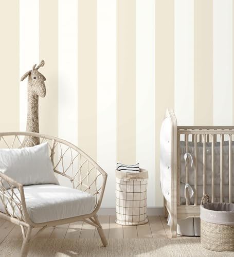 GAULAN 680244 Papier peint vinyle à rayures pour enfants beige et blanc pour mur pièce bain chambre enfantine tête de lit chambre garçon fille bébe - Rouleaux de 10 m x 0,53 m