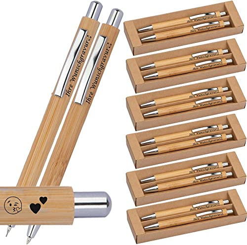 Generisch 5x Schreibset mit Kugelschreiber und Druckbleistift inklusive Gravur | Bambus | blau schreibend | Emojis Gravur möglich | Lasergravur | Werbekugelschreiber personalisiert (5)