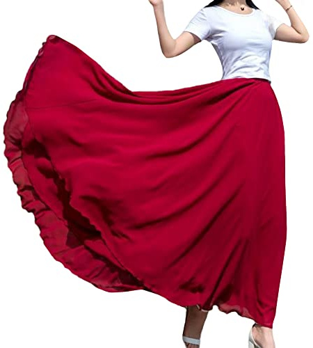 Damen Chiffon Maxirock Hohe Taillen 720 Grad Großer Swing Röcke Freizeitrock Ballsaal Ballett Latein Tanzrock Tänzerin Tanzkostüm Frauen Einfarbig Langer Bauchtanz Rock Performance Kleidung D M