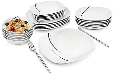 SÄNGER | Kombiservice Bilgola Black Lines 24 teilig, Porzellan Schüsseln & Geschirr Set 6 Personen, Tafelservice, Tiefe Teller, Essteller - spülmaschinenfest mikrowellenfest | PREMIUM COLLECTION