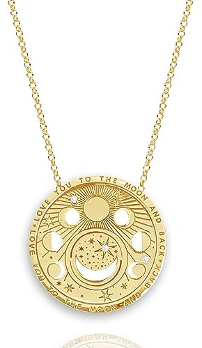 UniLogue Minimalist Sun Moon Star Tarot Round Pendant Necklace Ins Cool 18K Gold Plated Stainless Steel Sweater Chain Titanium Steel Necklace Choker Chain (Moon Phase)