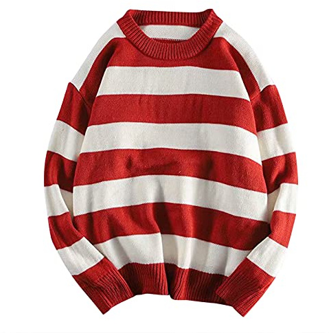 UnoSheng Jersey de invierno a rayas para hombre: manga larga, cuello redondo - cálido, suave e informal, rojo, M