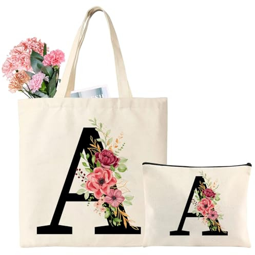 Tarklanda Personalizzata Iniziali Borsa Tote in Tela, Cotone Shopper Borsa con Lettere e Fiori, Regali per Donna, Amica, Mamma, Regalo per Compleanno, Matrimonio, Festa della mamma(A)