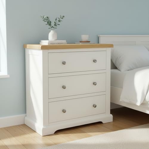 GROFurniture 3 Practical Deep Drawers Chest of Drawers for Bedroom, Low Height Painted White or Grey Storage Chest with Oak Top, Good Storage Drawers, Baby Changer Chest Suitable for Small Room