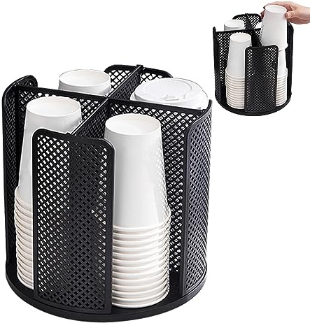 Portabicchieri Usa e Getta, Dispenser Girevole a 360° Circolare Portabicchieri con 4 Scomparti, Carta Organizzatore di Bicchieri da Appoggio in Plastica per bancone, caffetteria, buffet (nero)