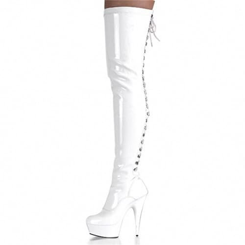 XZEIT Overknee-Stiefel Für Damen, Kniehohe Damenstiefel, Oberschenkelhohe Stiefel Zum Schnüren Mit Seitlichem Reißverschluss, Sexy Stiletto-Stretch-Plateaustiefel Aus Lack,Weiß,40 EU