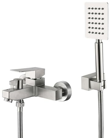 HomeLava Badewannenarmatur mit Handbrause Wandmontage Wannenarmatur Mischbatterie Badewanne mit Drehschalter Duscharmatur Armatur Badewanne Edelstahl gebürstet Wannenarmatur für Bad