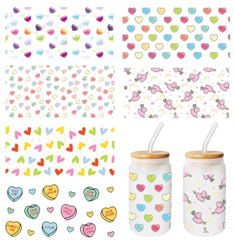 Zayookey 6 Blätter UV DTF Transfer Aufkleber Herz Tasse Wrap Transfer Sticker Transfer Decals Wasserfeste Rub on Transferaufkleber Becher Wickeln Transfers Sticker für Glas Tassen (Herz-Thema)