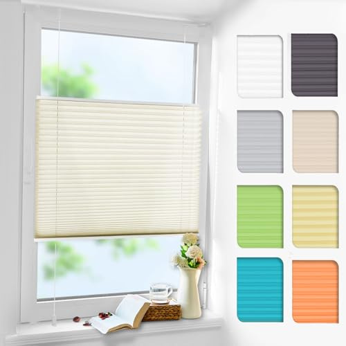 Linhu Plissee ohne Bohren Beige 35x220cm (BxH), Klemmfix Rollo für Fenster & Tür – Blickdicht & Lichtdurchlässig, Up & Down verstellbar, Sichtschutz & Sonnenschutz, Easyfix Faltrollo