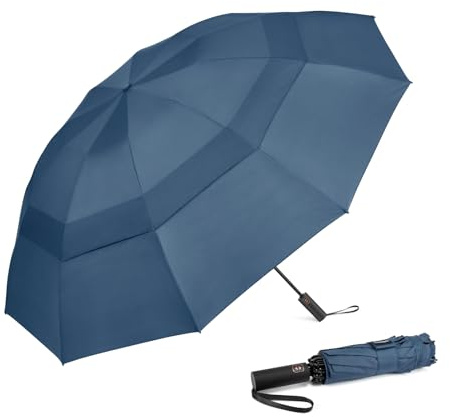 Prospo 46 Inch Travel Umbrellas for Rain Windproof, 10 Ribs Compact Reverse Folding Golf Umbrella, Double Canopy Automatic Open Close