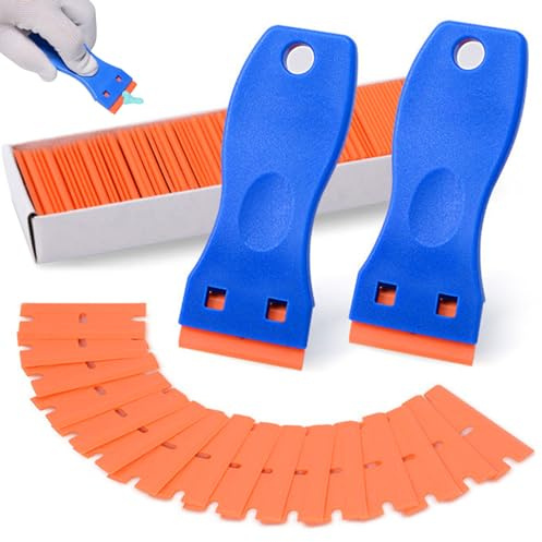 Herramienta de raspador de cuchillas de navaja de plástico 2 piezas raspador de afeitar con 100 piezas de cuchillas de barbilla de plástico que limpia el raspador etiquetas etiquetas pegatinas calcom