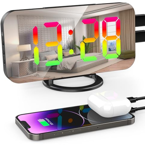 Lafocuse Bunter Wecker Digital mit 11 RGB LED Display, Spiegel Tischuhr Große Ziffern mit Snooze, Helligkeit Regelbar, 2 USB Ladeanschluss, Kinder Wecker ohne Ticken Nachttisch Schlafzimmer Schwarz