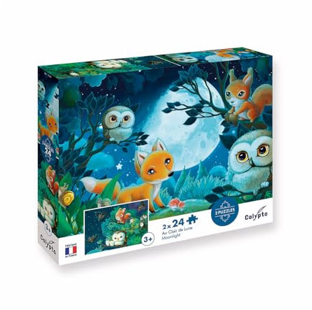 Calypto 3907706 Animales a la luz de la Luna, Juego de Puzzle de 2 x 24 con Tacto Suave, Puzzle Infantil con Piezas Grandes y Superficie Aterciopelada, Incluye póster de puzle, para niños a Partir de