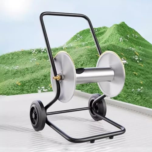TT-YEC Metal Hose Reel Trolley with 6-Point 2.5M Inlet Hose and Connectors, Wheeled Irrigation Hose Reel Trolley, Max Capacity 50M (Without Hose), Reinforced Axle, Easy to Use