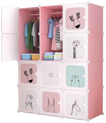 MAGIC SELECT Estantería de Módulos Infantil, Armario Modular, Ropero para Niños, Organizador Modular, Estante de Almacenamiento para Habitación, 12 Módulos, 140x105 cm, Rosa